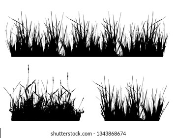 Set with silhouettes of grass, black and white vector illustration