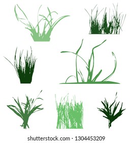 Set with silhouettes of grass, green vector illustration on white background