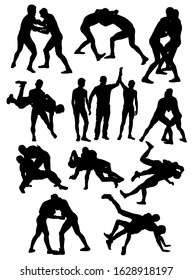 set of silhouettes of Greco Roman wrestling athletes, vector illustration