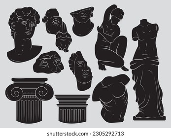 Conjunto de siluetas de estatuas griegas. Colección de retratos de personajes romanos antiguos. Arquitectura antigua. Escultura renacentista. Ilustración vectorial de antiguas estatuas griegas sobre fondo blanco.