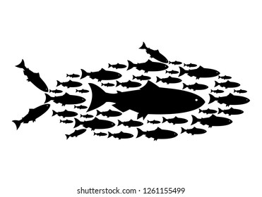 Set silhouettes of groups of sea fishes. Colony of small fish. Icon with river taxers. - Vector