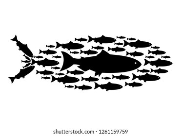 Set silhouettes of groups of sea fishes. Colony of small fish. Icon with river taxers. - Vector