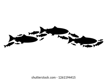 Set silhouettes of groups of sea fishes. Colony of small fish. Icon with river taxers. - Vector
