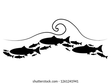 Set silhouettes of groups of sea fishes. Colony of small fish. Icon with river taxers. - Vector