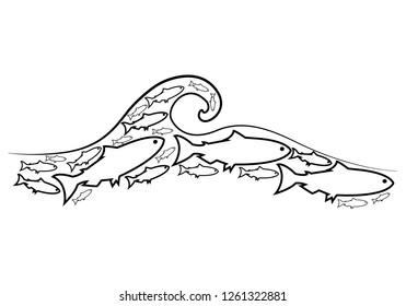 Set silhouettes of groups of sea fishes. Colony of small fish. Icon with river taxers. - Vector