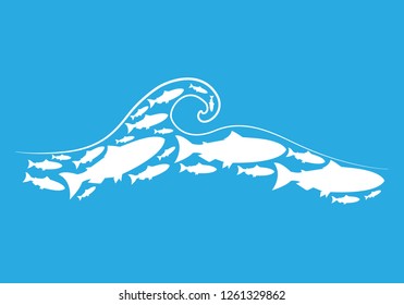 Set silhouettes of groups of sea fishes. Colony of small fish. Icon with river taxers. - Vector
