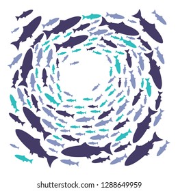 Set silhouettes of groups of sea fishes. Colony of small fish. Icon with river taxers. A group of silhouette fish swim in a circle. Marine life - Vector