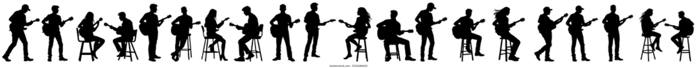 Set of silhouettes of guitar players