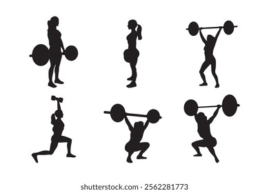 Set of silhouettes of gym athletic women, strength athletics, strong woman, barbell, bodybuilding, sportsman, Vector