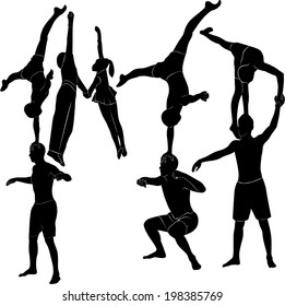 set of silhouettes gymnasts acrobats representation