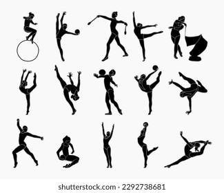 Conjunto de siluetas de gimnastas. Gimnasia artística deportiva. Reina del deporte. Estilo plano. Vector aislado