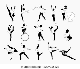 Set of silhouettes of gymnasts. Sport artistic gymnastics. Sports queen. Flat style. Isolated vector