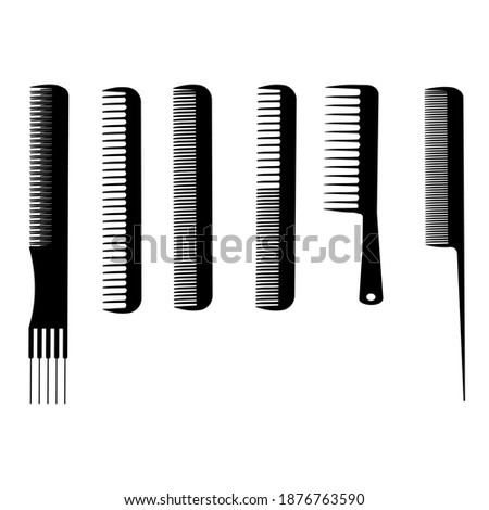Set of silhouettes of hairdressing combs, tools for combing hair, styling and haircut help, combs with different lengths of thickness and distance of teeth, vector illustration