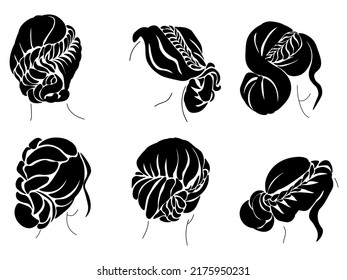 set of silhouettes of hairstyles with braiding, a bun on medium and long hair vector illustration