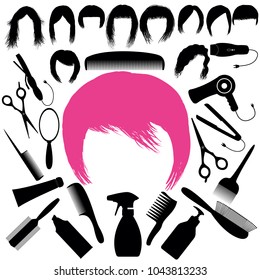 A set with silhouettes of hairstyles and hair salon tools. Long and short hairstyles and everything you need in a hairdresser, scissors, hair dryer, combs, shampoos. Vector illustration.