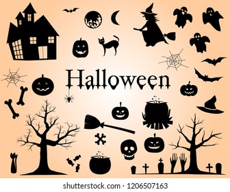 Set of Silhouettes for Halloween Design Elements Vector Illustration on Orange Background