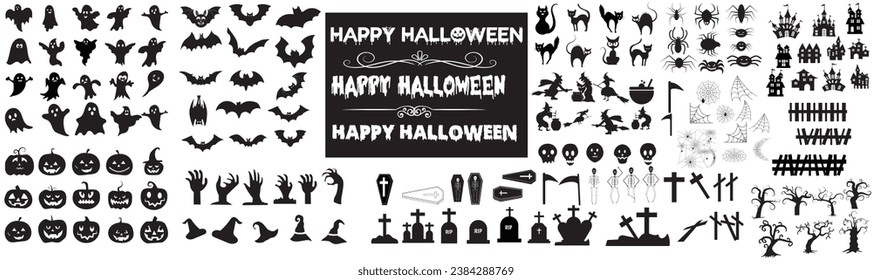 Set of silhouettes of Halloween doodle style vector on a white background.