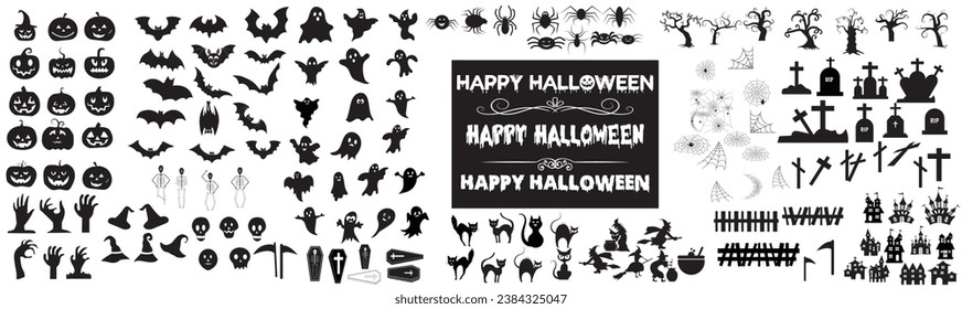 Set of silhouettes of Halloween doodle style vector on a white background.  Hand drawn Halloween vector. Vector illustration. Black spooky elements for your design.