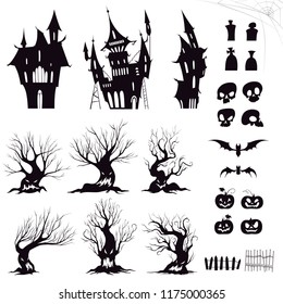 Set of silhouettes for halloween gloomy house, sinister trees, fences, graves, skulls, pumpkins and bats. Vector illustration