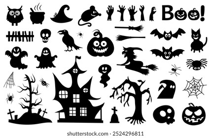 Set of silhouettes of Halloween. Haunted house, creepy tree, flying witch, pumpkins, bat, spider etc.