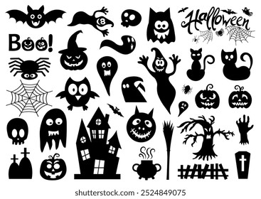 Set of silhouettes of Halloween. Haunted house, creepy tree, flying witch, pumpkins, bat, spider etc.