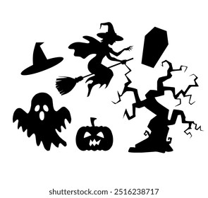  Set of silhouettes of Halloween isolated on a white background. Vector illustration