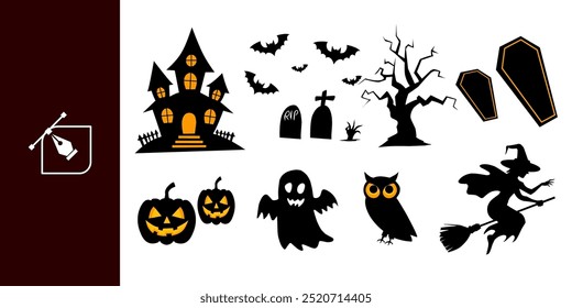  Set of silhouettes of Halloween isolated on a white background. Vector illustration