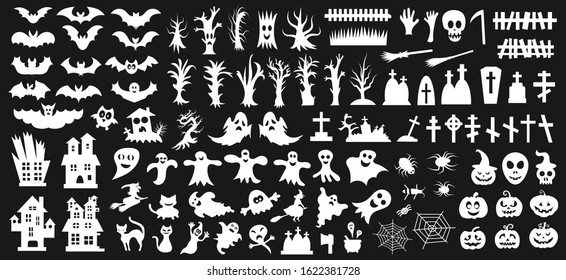  Set of silhouettes of Halloween on a black background. Vector illustration.