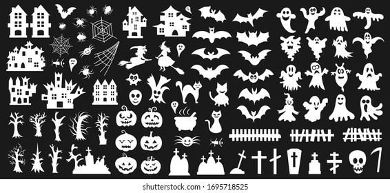 Set of silhouettes of Halloween on a black background. Vector illustration