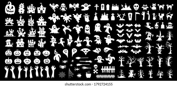 Set of silhouettes of Halloween on a black background. Vector illustration	
