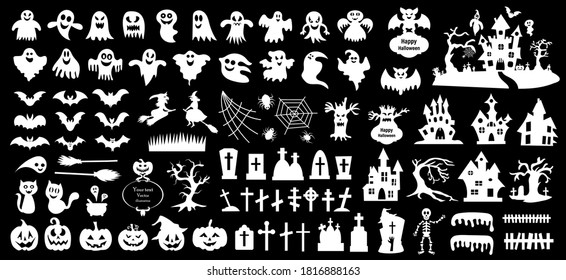 Set of silhouettes of Halloween on a black background. Vector illustration