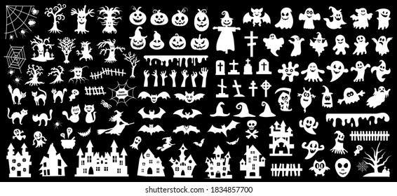 Set of silhouettes of Halloween on a black background. Vector illustration