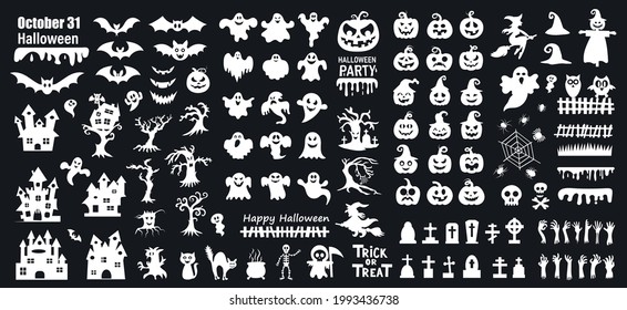 Set of silhouettes of Halloween on a black background. Vector illustration
