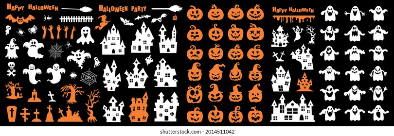 Set of silhouettes of Halloween on a black background. Vector illustration.