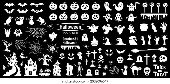 Set of silhouettes of Halloween on a black background. Vector illustration.