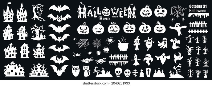 Set of silhouettes of Halloween on a black background. Vector illustration.