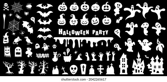 Set of silhouettes of Halloween on a black background. Vector illustration.