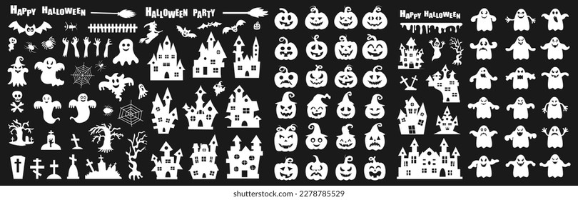 Set of silhouettes of Halloween on a black background. Vector illustration.