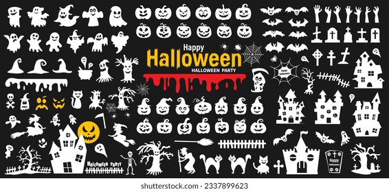 Set of silhouettes of Halloween on a black background. Vector illustration.	