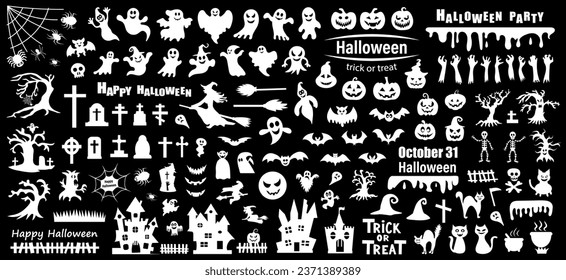Set of silhouettes of Halloween on a black background. Vector illustration.	