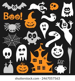 Set of silhouettes of Halloween on a black background. Vector illustration.	