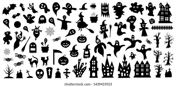 Set of silhouettes of Halloween on a white background. Vector illustration.	