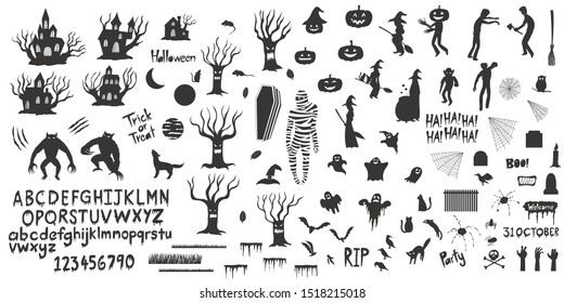 Set of silhouettes Halloween on a white background, sticker, sketch, icon,hand drawn