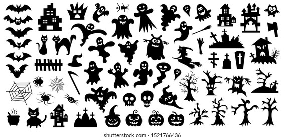 Set of silhouettes of Halloween on a white background. Vector illustration