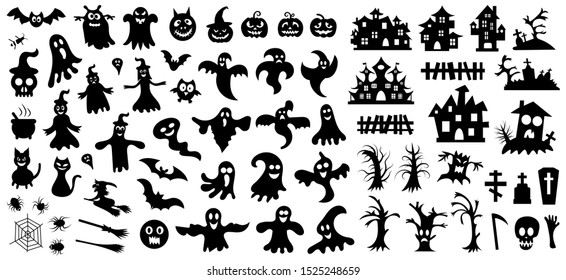 Set of silhouettes of Halloween on a white background. Vector illustration