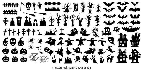 Set of silhouettes of Halloween on a white background. Vector illustration

