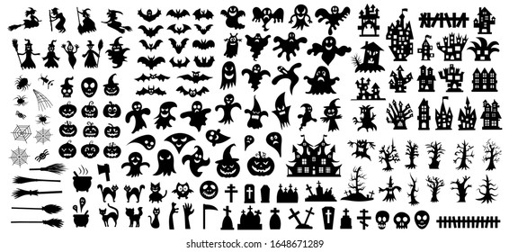 Set of silhouettes of Halloween on a white background. Vector illustration	