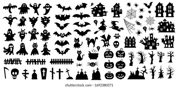 Conjunto de siluetas de Halloween sobre fondo blanco. Ilustración del vector