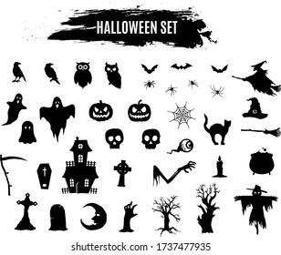 Set of silhouettes of Halloween on a white background. Vector illustration. Collection of halloween silhouettes icon and characters.