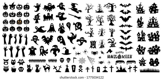 Set of silhouettes of Halloween on a white background. Vector illustration	